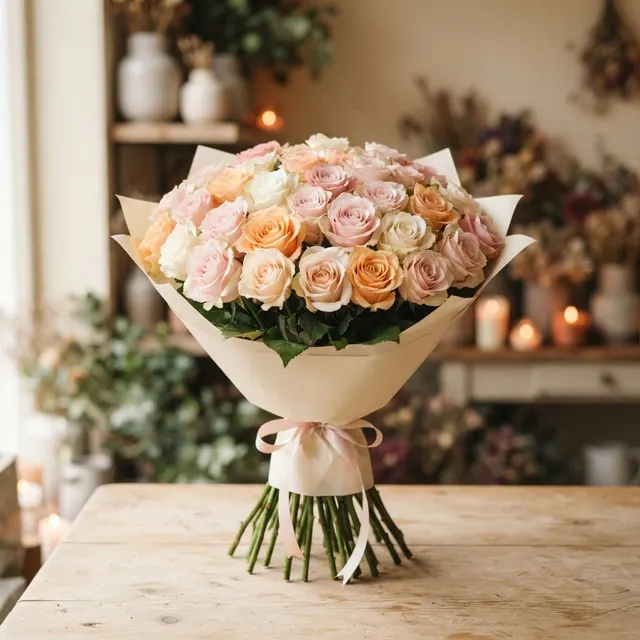 Букет «Карамель»: розы пастельных оттенков в бумажной упаковке